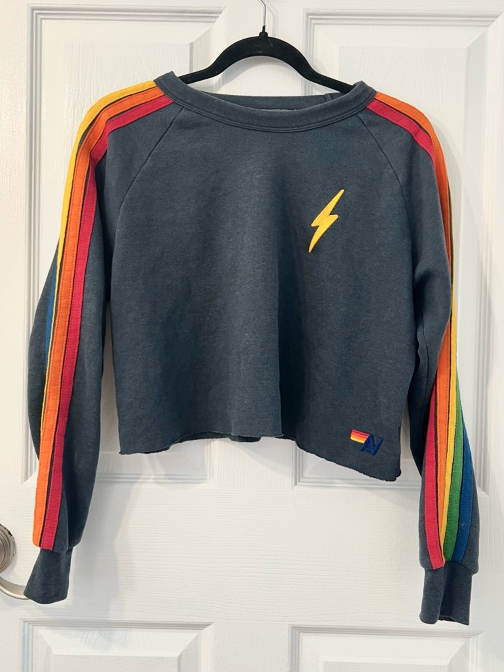 Aviator Nation 5 Stripe Cropped Charcoal Crewneck Sweatshirt XS